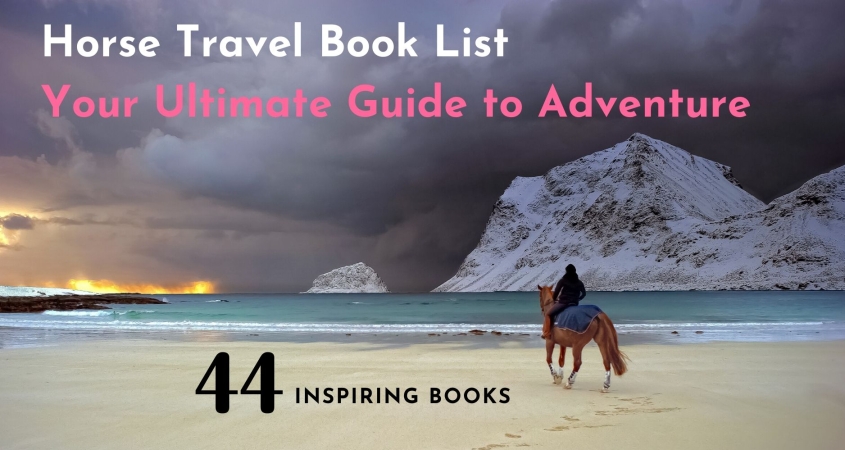 a horse rider on a beach facing dramatic scenery over the sea. This picture advertises our list of 44 inspirational adventure books